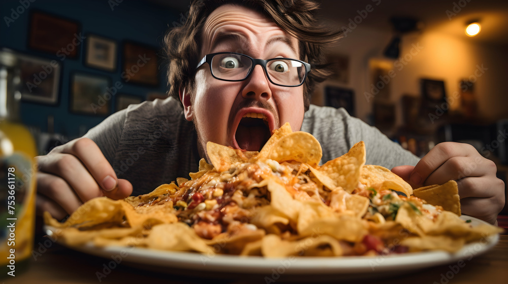 A someone enjoying a crunchy order of nachos, A someone enjoying a crunchy order of nachos,