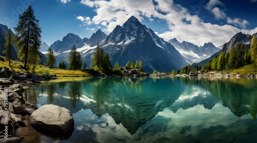 A tranquil alpine lake nestled between towering snow-capped peaks,