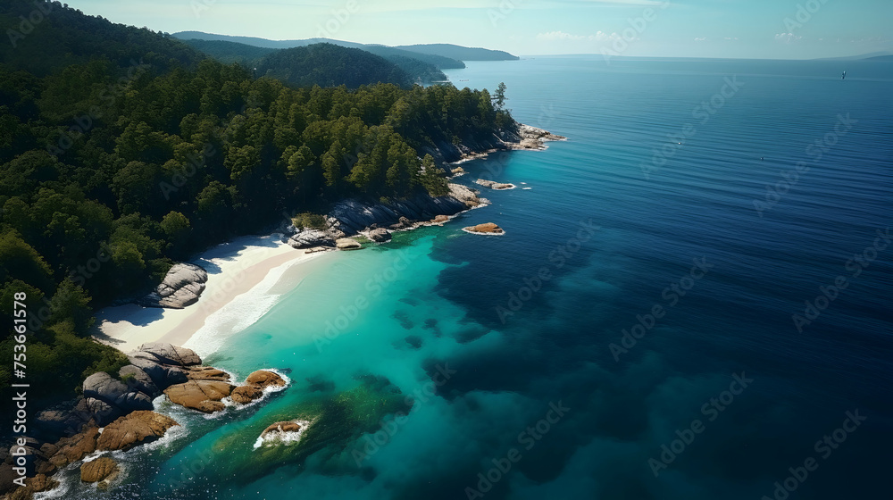 Aerial view of a coastal paradise, where azure waters meet golden shores,
