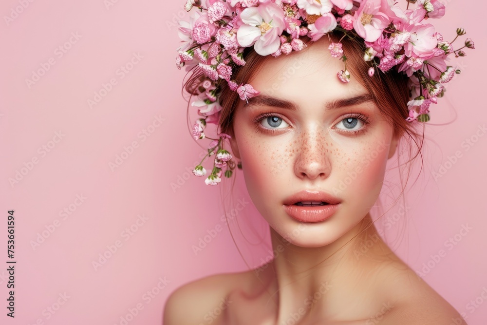 Beauty woman portrait with wreath from flowers on head pink background
