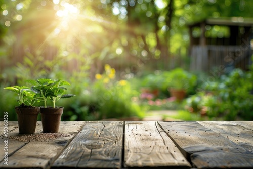 An empty wooden table top and seeds and seedlings for spring planting against a blurred abstract green background of garden and house. © Lubos Chlubny