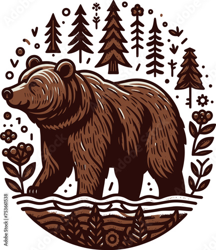 brown bear in the forest vector art illustration for t-shirt merch