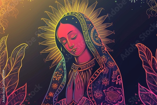 A colorful illustration of Virgin Mary with halo and stars, creating a spiritual vibe photo