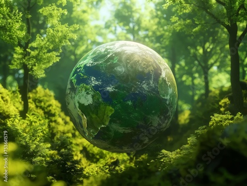 Planet Earth majestically floats among the trees in a vibrant green forest, symbolizing nature's harmony.
