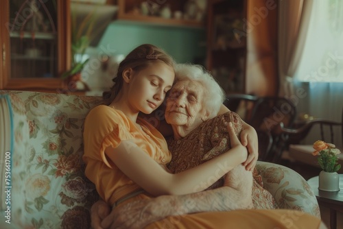 Young girl embracing elderly woman on sofa