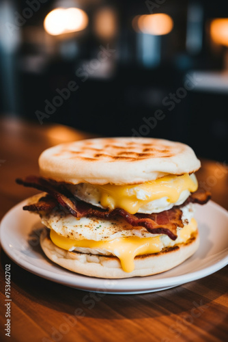 Savory breakfast sandwich with melted cheese and bacon on a bun, ready to eat.