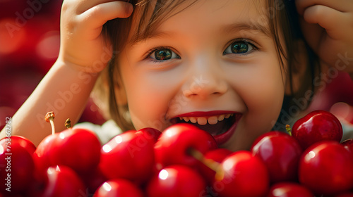 Close-up of a child enjoying a handful of cherries,
