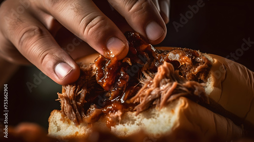 Close-up of a person biting into a delectable BBQ pulled pork sandwich,