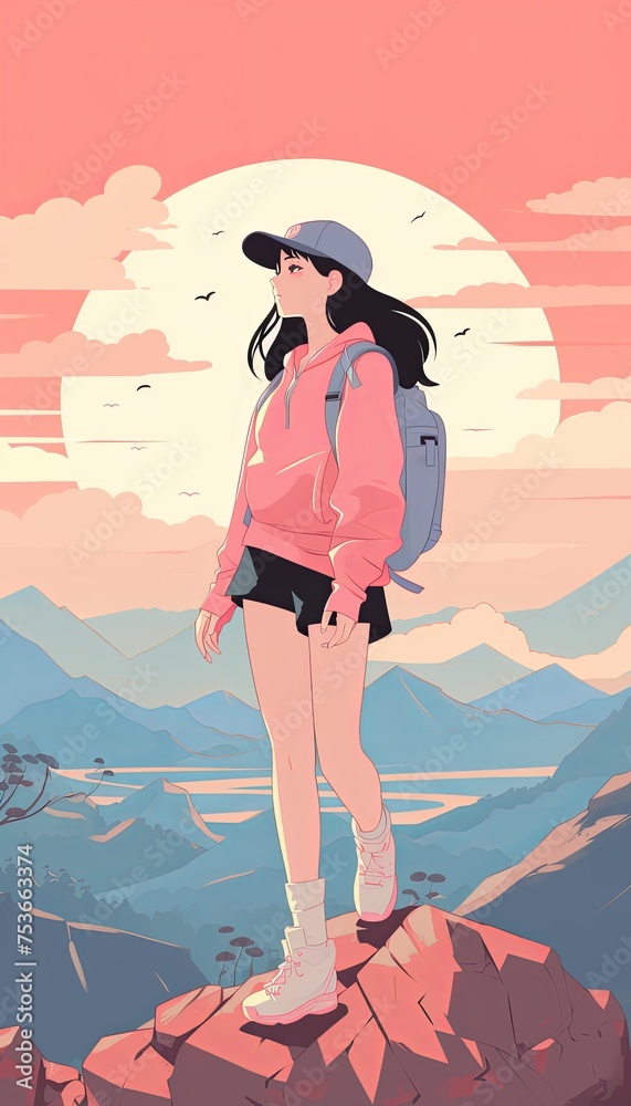 An illustration of a young woman gazing into the distance, standing atop a mountain with the setting sun casting a warm glow. An illustration of a young woman gazing into the distance, standing atop a mountain with the setting sun casting a warm glow.