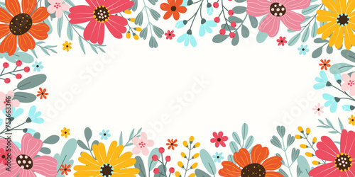 Spring or summer rectangular festive illustration on white background with place for text in flat style. Hand drawn big colorful flowers, herbs. Vector cover design template. photo