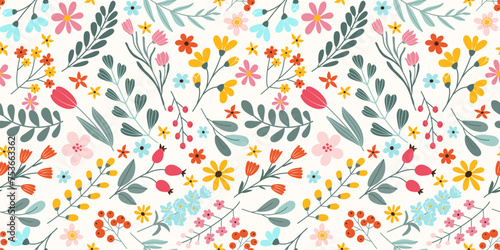 Seamless pattern with hand drawn various blooming spring flowers and leaves on white background in flat vector style. For textile, wallpaper, wrapper.