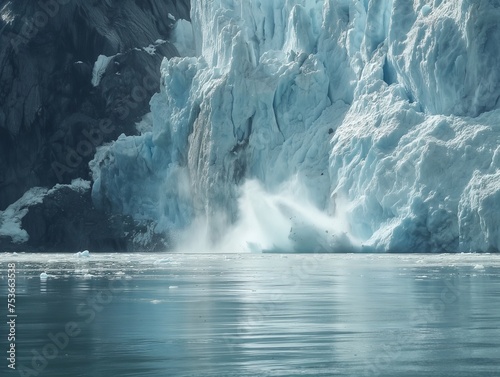 A dramatic moment of a glacier calving with ice crashing into arctic waters below.
