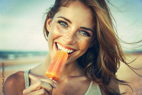 Linda mujer sonriente en la playa. Imagen de una chica comiendo un helado de hielo. Mujer tomando el sol en la playa con un helado de hielo.  photo