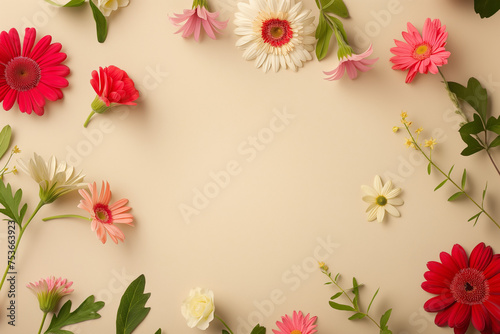 Creative arrangement of colorful flowers on pastel light pink background. Spring nature flat lay. Empty space in the middle. © Femmes.Digital