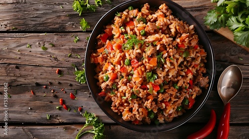 kubba dish with seasoned ground meat and rice or bulgur