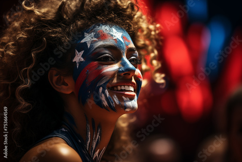 Portrait of americans with their faces painted with patriotic colors and themes