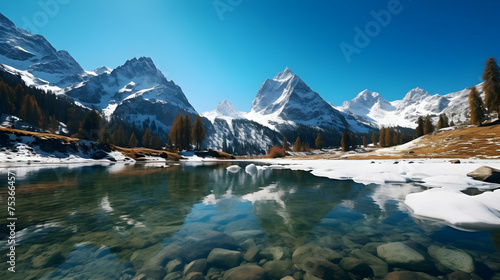 Majestic snow-capped mountains under a clear blue sky,