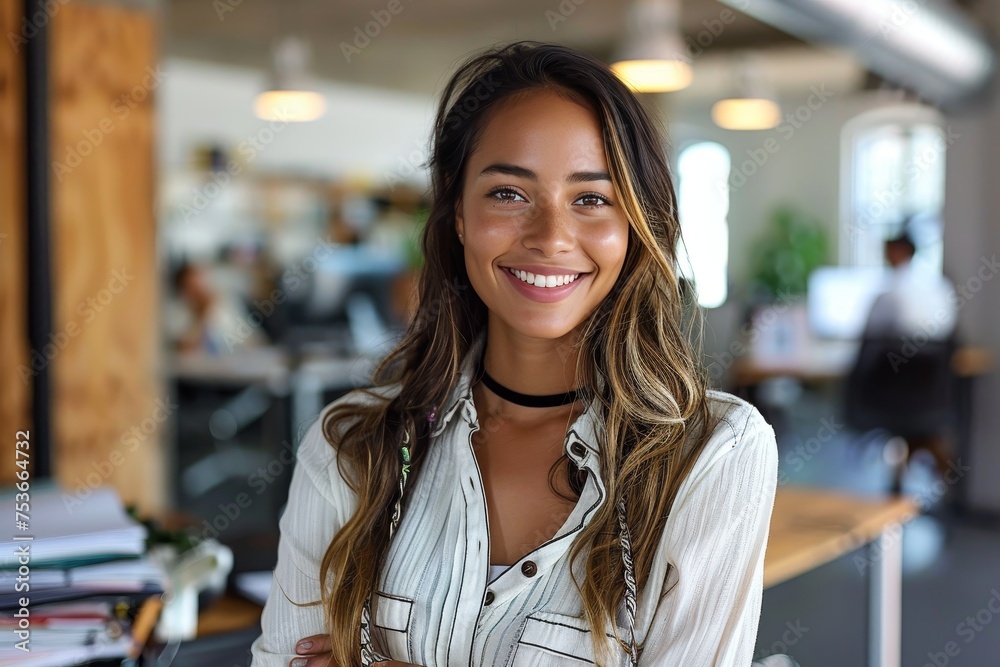 An attractive young woman is smiling at the camera with a pleasant casual office environment in the background An attractive young woman is smiling at the camera with a pleasant casual office environment in the background