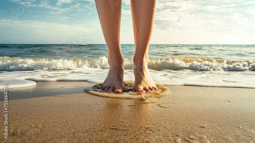 Feet on a sandy beach with sea waves.