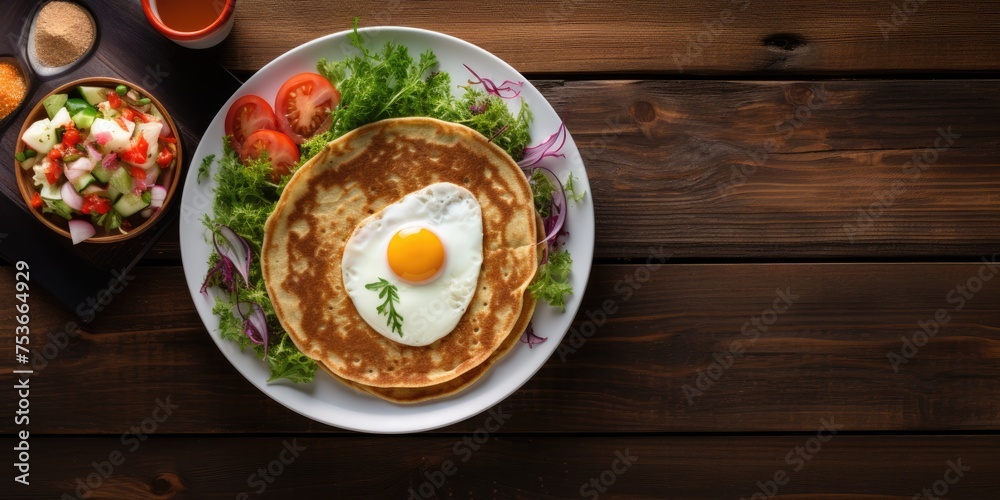 Breakfast in a restaurant: pancake with salad, veggies, and meat, served on a wooden table. Overhead view with a soft focus, copy space, and wooden background. Breakfast in a restaurant: pancake with salad, veggies, and meat, served on a wooden table. Overhead view with a soft focus, copy space, and wooden background.