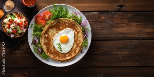 Breakfast in a restaurant: pancake with salad, veggies, and meat, served on a wooden table. Overhead view with a soft focus, copy space, and wooden background.