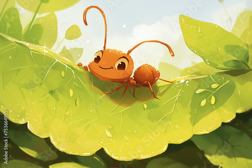 Digital illustration of a cute cartoon-style smiling ant on green leaves under bright lighting