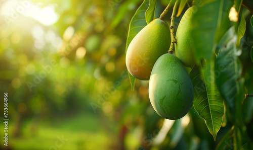 ripe mangos on the branch on a tree in orchard, harvest concept image, bright daylight, copy space 
