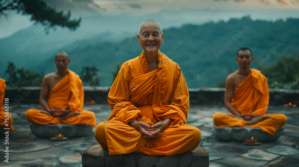 Fototapeta premium A Buddhist lama smiling while sitting in the lotus position, with his disciples behind him