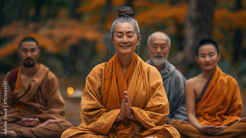 A woman Buddhist lama smiles while sitting in the lotus position, with his disciples behind her