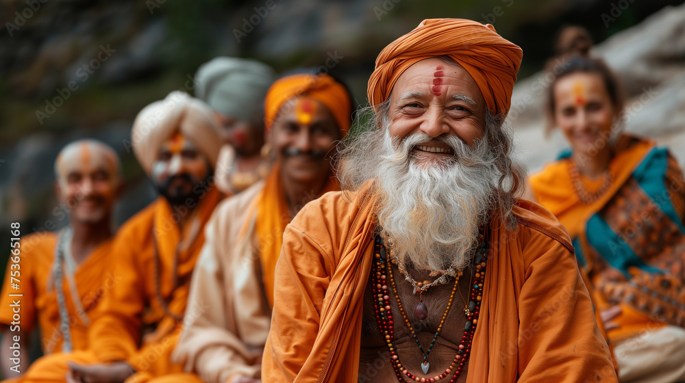 An Indian guru smiles while sitting in the lotus position, with his disciples behind him