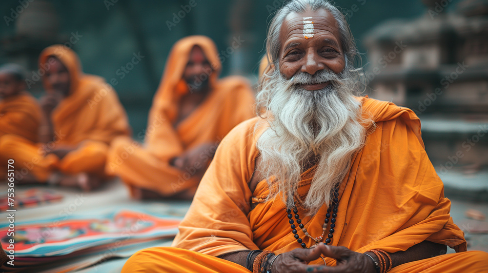 An Indian guru smiles while sitting in the lotus position, with his disciples behind him