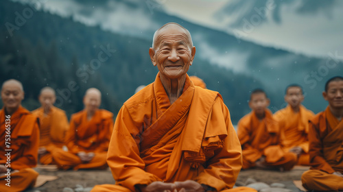 A Buddhist lama smiling while sitting in the lotus position, with his disciples behind him
