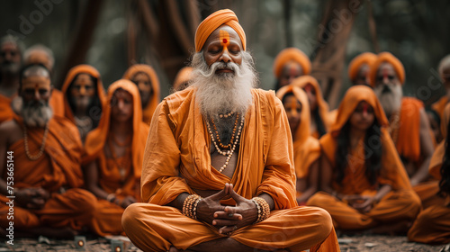 An Indian guru sitting in the lotus position, with his disciples behind him