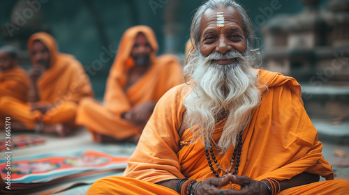 An Indian guru smiles while sitting in the lotus position, with his disciples behind him