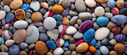 Texture of colorful sea pebbles with shell