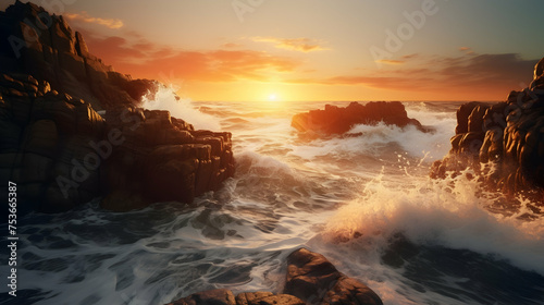 Rocky coastal cliffs with waves gently crashing below, as the sun sets