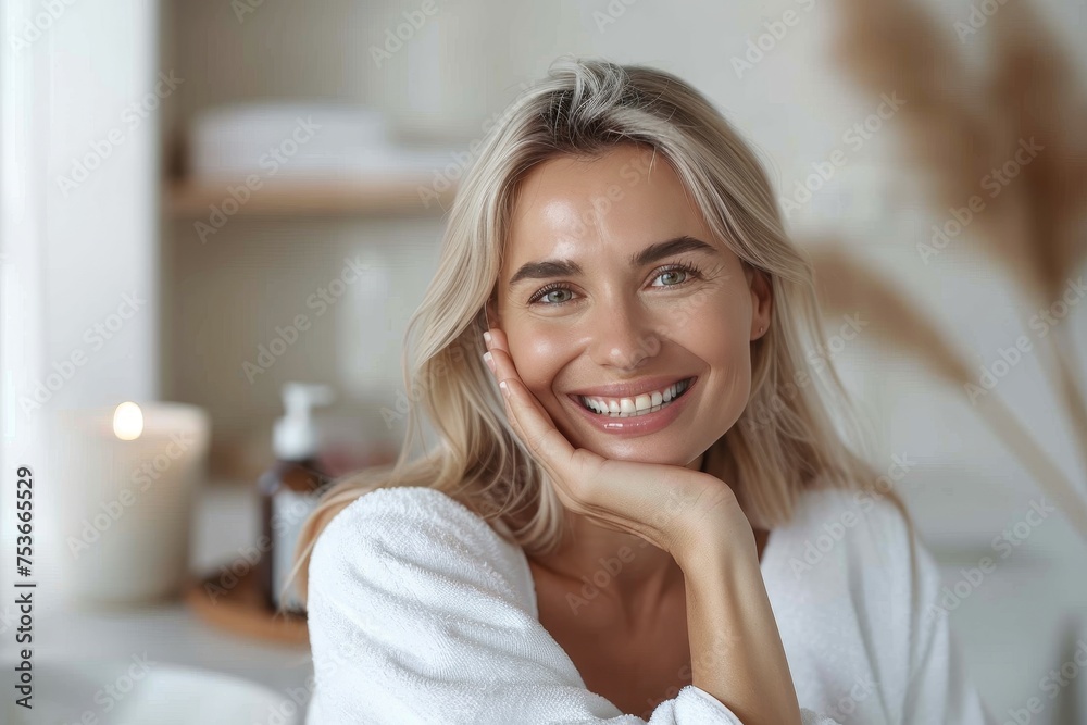 An engaging smiling woman in a white robe with her arms crossed in a home environment, representing comfort and casual elegance An engaging smiling woman in a white robe with her arms crossed in a home environment, representing comfort and casual elegance