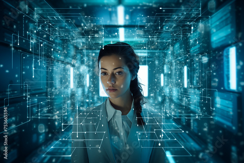 Portrait of a woman in futuristic data center controlled by artificial intelligence concept