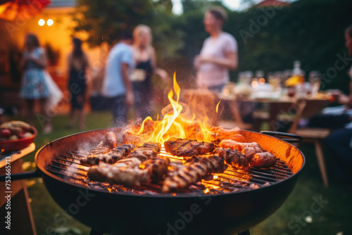 Roasting meat on a barbecue grill with blurred people in the background. Party in the backyard of the house.