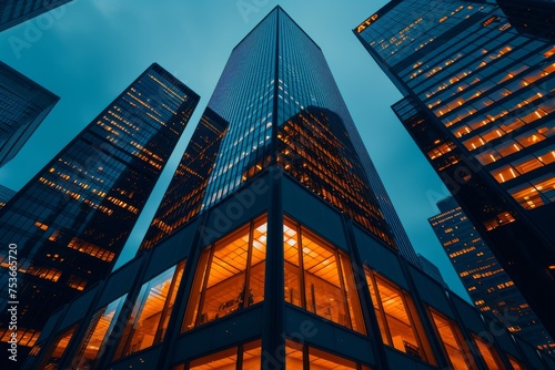 A modern office tower standing tall against the silhouette of the downtown skyline