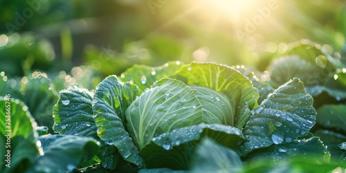 Dew on Cabbage Leaves in Morning Light. The tender leaves of cabbage glisten with morning dew, illuminated by the soft, golden rays of the early sun, in a lush vegetable garden.