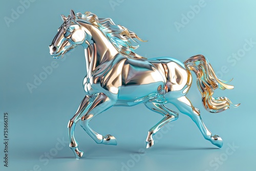 Metallic dynamic shiny horse on a blue background.