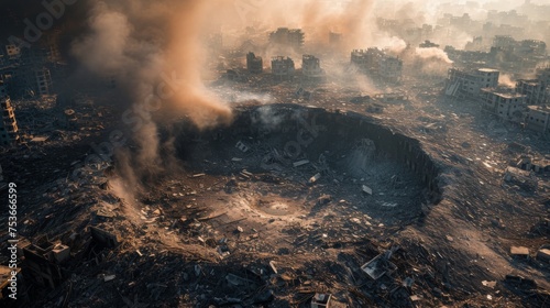 a bomb crater scarred into the earth, smoke rising from the charred remnants of nearby buildings, a haunting reminder of the devastation wrought by explosive warfare. photo