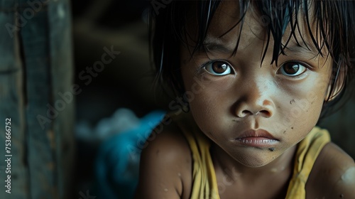 Boy   s empty look towards a far-off place  dreaming of simple meals  reflecting the harsh reality of war on the young.