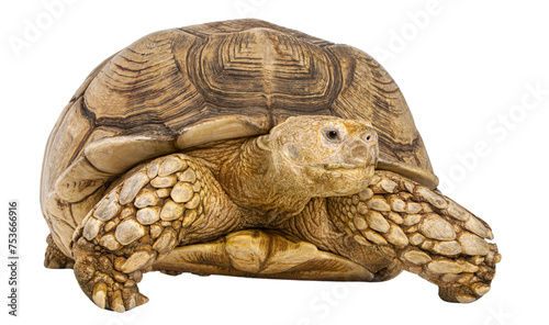 African Spurred Tortoise, Geochelone sulcata, in front of white photo
