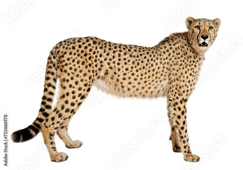 Cheetah, Acinonyx jubatus, 18 months old, standing in front of w