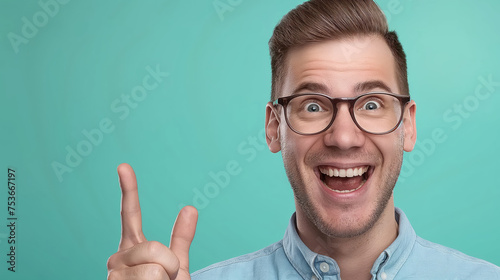 Happiness is Contagious  Smiling Man in Glasses Pointing to an Empty Space Next to Him  Generative AI
