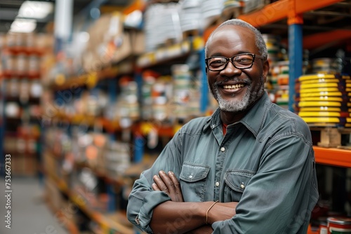 Joyful senior African American man with glasses crossing arms in a warehouse, Concept of experienced leadership and happiness at work