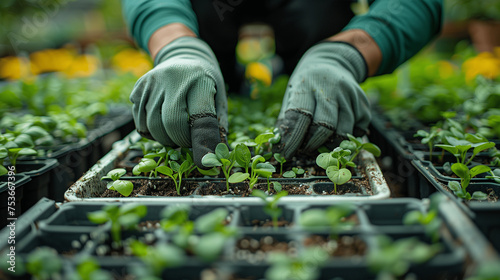 Grüner Daumen: Gärtner pflanzt vorsichtig Setzlinge im Gewächshaus photo