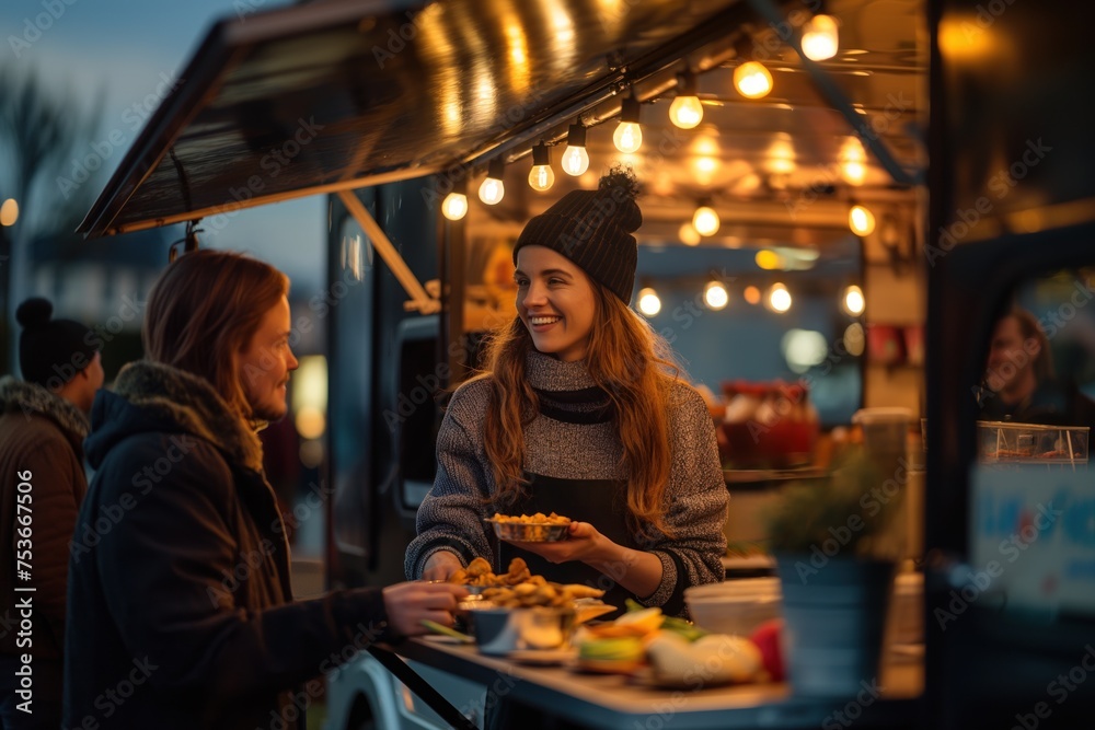Friendly food truck vendor serving a happy customer on a chilly evening, Concept of urban street food and cheerful community engagement